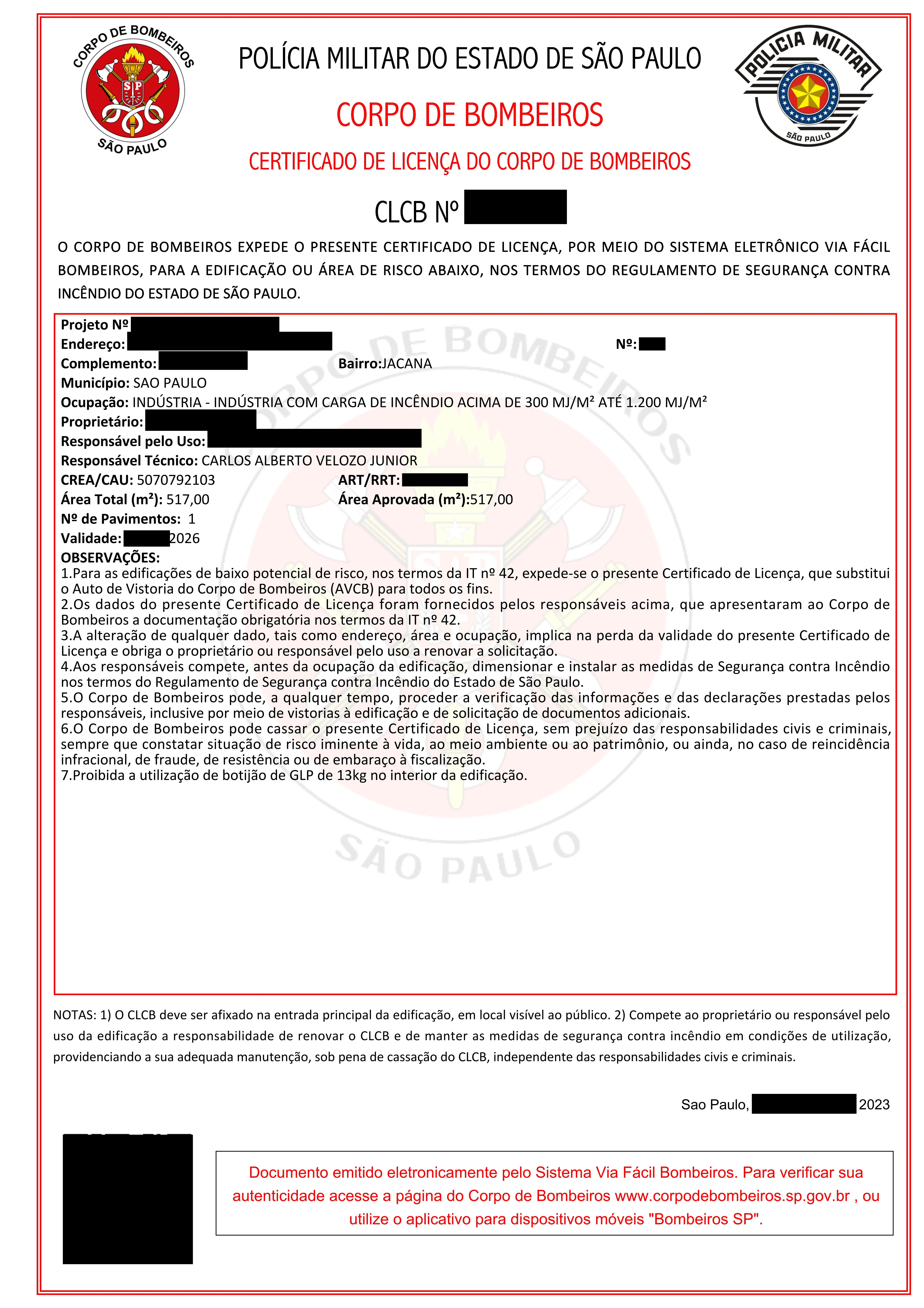 Exemplo anonimizado de Certificado de Licença do Corpo de Bombeiros aprovado, com o responsável técnico da Alvarix identificado
